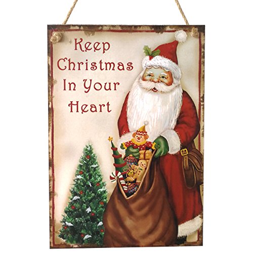 OULII Adornos navideños de madera, adornos navideños porta Papá Noel, placas decorativas vintage