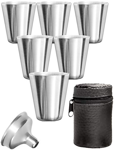Outdoor Saxx® - Juego de 8 vasos de acero inoxidable, 6 vasos irrompibles, vasos de chupito de metal, vasos de metal con embudo de llenado y bolsa de piel, accesorio ideal para petaca.