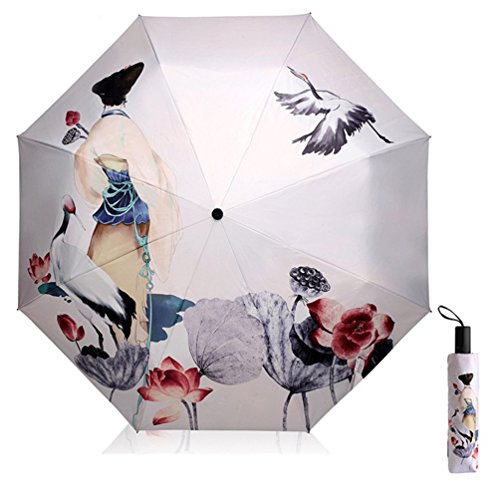 Paraguas de Sol Mujer Paraguas Plegable Protección UV para Las Mujeres Creativo 3D Impreso Sombrilla Umbrella Triple Paraguas 190T Sombrillas 8 Huesos Damas Paraguas (Beige)