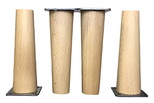 Patas de madera de Haya, con placa de montaje instalada. Pack de 4 unidades de patas para muebles, 8,10,12,15,20.cm alto, patas de madera cónicas rectas. (4 unidades 15 cm, Natural)