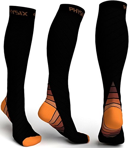 Physix Gear Sport Calcetines de compresión, los Mejores Calcetines compresión Mujer y Hombre para el Dolor de pies y Gemelos, Medias de compresión Hombre y Mujer, 1 par, XXL, Negro/Naranja