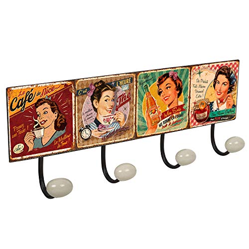POMOLINE Percha Pared Metal diseño Cartel Retro Vintage decoración Mujer USA Food Pin up con 4 Ganchos Porcelana