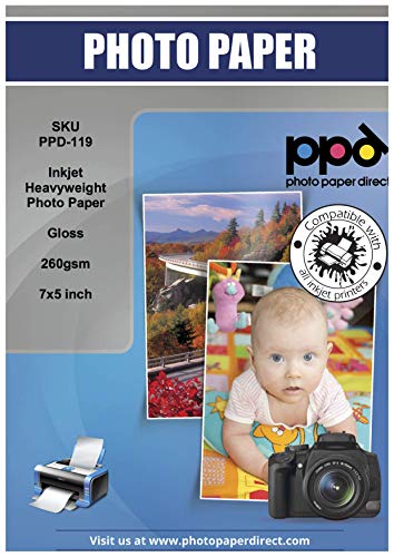 PPD 13 x 18 cm (5 x 7“) Papel Fotográfico Brillante Premium (260 g/m2, 50 Hojas, Inkjet, Secado Instantáneo, Resistente Al Agua) - PPD-119-50