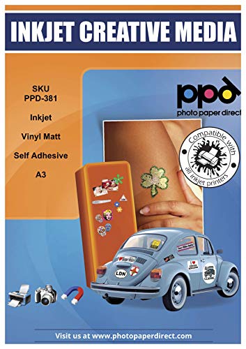 PPD A3 Pegatinas de Vinilo de Grado Comercial Premium para Impresión de Inyección de Tinta Inkjet (10 Hojas, Autoadhesivo, Acabado Mate, A Prueba de Rasgadura) - PPD-381-10