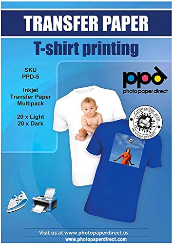 PPD A4 x 40 Hojas de Papel de Transferencia Térmica Para Camisetas, Mascarillas y Tejidos Mixtos (20 hh. Telas Claras y 20 hh. Telas Oscuras) - Para Impresora de Inyección de Tinta Inkjet - PPD-5-MIXN