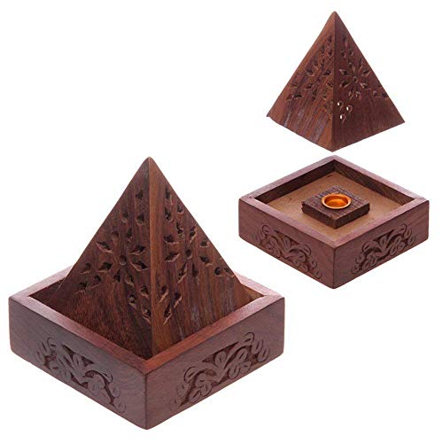 Puckator Sheesham - Caja de Conos de Incienso con Forma de pirámide de Madera, 10 x 9 x 9 cm, mezclada, Altura 10 cm, Ancho 9 cm