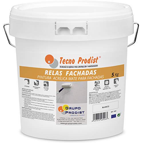 RELAS FACHADAS de Tecno Prodist - 5 Kg (BLANCO) Pintura para Fachadas Impermeabilizante al agua - Blanco Mate - A Rodillo o brocha - Pintura de Calidad - Fácil Aplicación