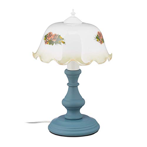 Relaxdays Lámpara de mesa, Estampado floral, Vintage, E27, Mesilla de noche, 43x28 cm, Madera & Cristal, Blanco & Gris