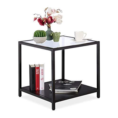 Relaxdays Mesa Auxiliar Cuadrada, Mesita Café Moderna, Cristal-Metal-DM, 50x50x50, Negro Relaxdays Mesa Auxiliar Cuadrada, Mesita Café Moderna, Cristal-Metal-DM, 50x50x50, Negro