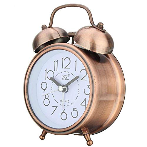 Reloj Despertador Vintage Retro Relojes Puntero Silencioso Número Redondo Doble Campana Fuerte Alarma Reloj de Noche Luz de Noche Decoraciones para el Hogar LQCN-Latón antiguo