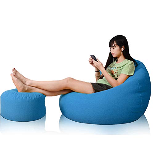 RIYIFER Puf Gigante Funda De Puff + Reposapiés, Lino Suave Y Resistente Al Desgaste Diseño De Lino Simple Lounge O Gaming Chair,Azul,100X120CM