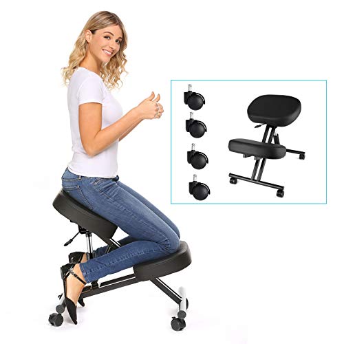 Silla Ergonómica para Rodillas, Silla Ergonomica De Rodillas, Sillas De Oficina con El Respaldo Ajustable, Multifuncional Taburete para La Rodilla, Negro (con Varilla hidráulica)