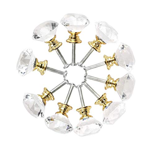 Sonline Tirador de cristal con forma de diamante, 30 mm, para cocina, armario, cajón, armario, armario, armario, con tornillos, 10 unidades, color dorado