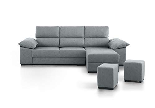 SWEET SOFA® - Sofá Chaiselongue Capri, 4 plazas, Asientos deslizantes, Cabezales reclinables, arcón y Puffs incluidos, Elegante Tela Antimanchas. Fabricación Nacional (Chaise Longue Derecho, Gris)