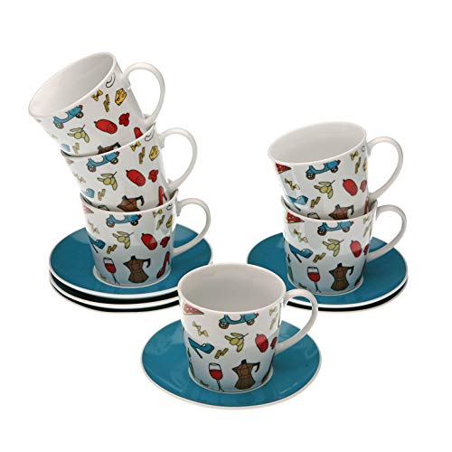 takestop® Tazas de porcelana con platillo, juego de 6 piezas, 10,5 x 8 x 6 cm, café capuchino (motivos italianos)