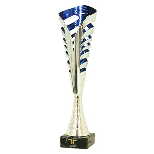 Tecnocoppe - Copa de ABS plateado y azul, altura 34 cm, con base de mármol negro. Placa personalizada de regalo con premios modernos y económicos, deportivos, trofeos