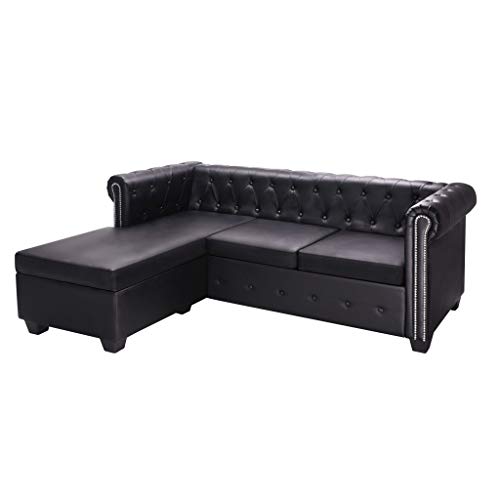 Tidyard Sofá Cama,Sofá Chesterfield en Forma L Cuero Artificial Negro 200 x 140 x 73 cm