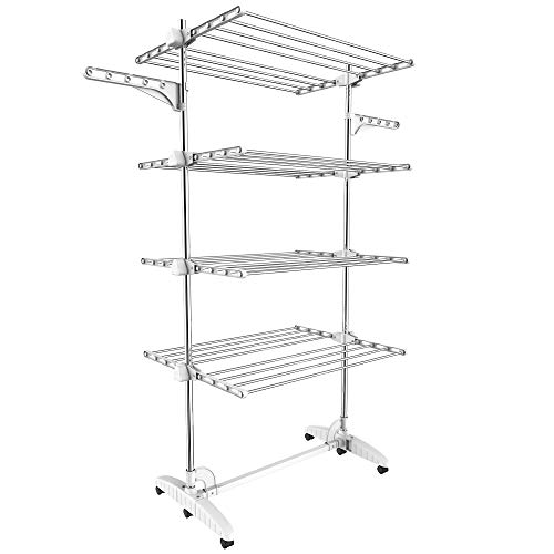Todeco - Estante para Secado de Ropa, Tendedero - Material: Tubos de acero inoxidable - Carga máxima: 3 kg por barra de soporte - 4 estantes, Blanco, con alas Todeco - Estante para Secado de Ropa, Tendedero - Material: Tubos de acero inoxidable - Carga máxima: 3 kg por barra de soporte - 4 estantes, Blanco, con alas