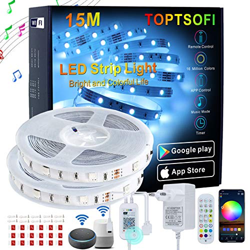 TOPTSOFI Luces LED Alexa 15m, Music Sync Tira LED RGB con Remote, APP WIFI controlada , Luces LED iluminacion para Decoracion Habitacion y Partido, Luz LED Adhesive Compatibles con Alexa, Google Home