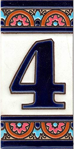 TORO DEL ORO Números casa. Numeros y Letras en azulejo. Ceramica esmaltada, Pintados a Mano técnica Cuerda Seca. Nombres y direcciones. Diseño Arco Azul 5,5x10,5 cms (Número cuatro "4")
