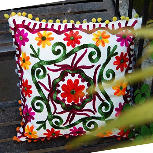 Traditional Jaipur Boho Throw Suzani Pillow - Funda de cojín bordada 40,6 x 40,6 cm, funda de almohada decorativa con pompones indios para exteriores, fundas de almohada bohemias