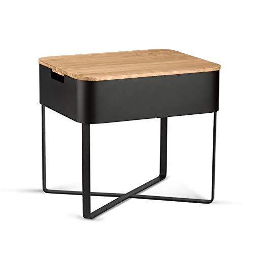 typmisch Mesa Auxiliar de Madera y Metal, Roble Macizo Barnizado, Acero Negro, Mesa pequeña para sofá con Espacio de Almacenamiento, Mesa de Centro, Almacenamiento, cómoda pequeña.