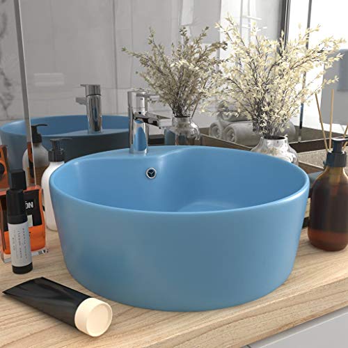 UnfadeMemory Lavabo Redondo de Cerámica de Baño,Diseño, Rebosadero y Orificio para el Grifo,sobre el Mueble,36x13cm (Azul Claro Mate) UnfadeMemory Lavabo Redondo de Cerámica de Baño,Diseño, Rebosadero y Orificio para el Grifo,sobre el Mueble,36x13cm (Azul Claro Mate)