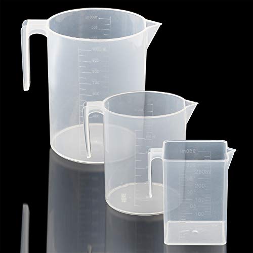 UniquQ Juego de jarra medidora de plástico 3 piezas，grande 3 tazas(1 litro), 2 tazas (500 ml) y pequeña 1 taza (250 ml) - Tazas medidoras aptas para microondas - Mediciones claras y fáciles de leer