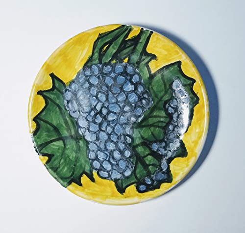 Uvas-Plato de cerámica decorado a mano diámetro cm 14,3 alto cm 2,8,listo para colgar en la pared - Made in Italy, Tuscany, Lucca, creado por Davide Pacini.