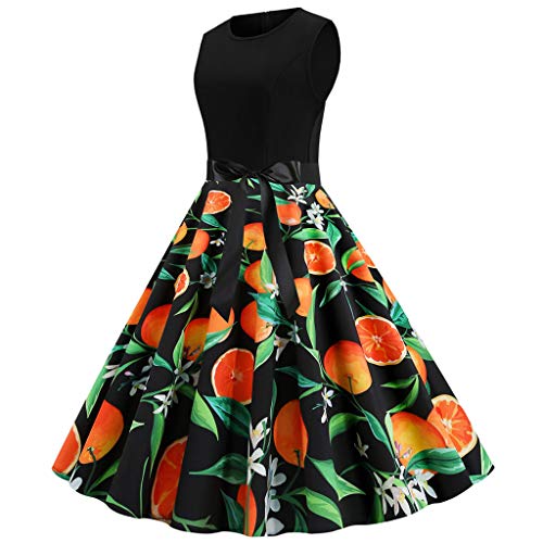 Vestidos para mujer, estampado vintage, sin mangas, para ama de casa de los años 50, casual, fiesta de noche, vestido de graduación, vestido de verano sin mangas, para diario de boda (naranja-S) Vestidos para mujer, estampado vintage, sin mangas, para ama de casa de los años 50, casual, fiesta de noche, vestido de graduación, vestido de verano sin mangas, para diario de boda (naranja-S)