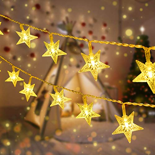 VIFLYKOO Guirnaldas Luces Navidad LED cadena de luces navideñas de estrella para interiores y exteriores,8 patrones, para dormitorio, patio, patio, boda, fiesta,10 metros 100 LED-Blanco cálido
