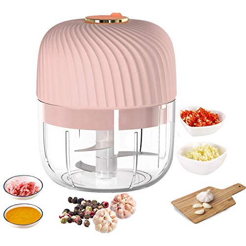 VOUM Mini picadora eléctrica inalámbrica de 250 ml, Potente Prensa y picadora de ajo, licuadora, Adecuada para Jengibre, Cebolla, ajo, Carne, Chile, etc, procesador de Alimentos portátil (Rosa)