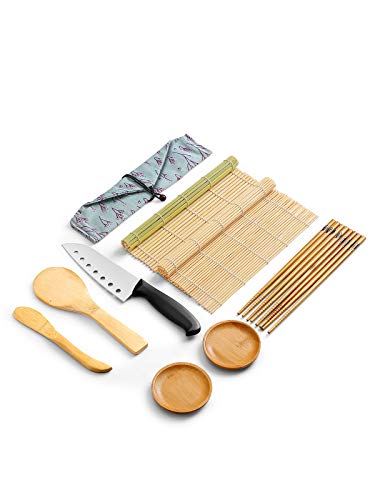 WeeDee Kit para Hacer Sushi de Bambú 9 Piezas - 2 x Esterillas, 1 x Paleta de Arroz, 1 x Esparcidor de Arroz, 5 Pares de Palillos