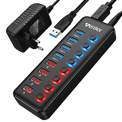 WENTER Hub USB 3.0 Alimentacion Externa 8 en 1, 4 Puertos USB 3.0 y 4 Puertos Quick Charge Indicador LED con Adaptador 36W para PC, Windows, Mac OS