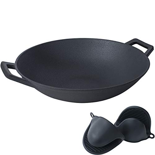 Wok induccion 34 cm con fondo plano – wok hierro fundido – wok inducción para cocinar y freír +MÁS: guantes para horno