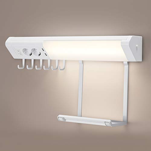 WOOHSE - Lámpara LED para armario con 2 enchufes, 2 salidas USB, 6 ganchos, 1 estante, 850 lm, 4000 K, barra de luz LED para armario, cocina, garaje, herramientas