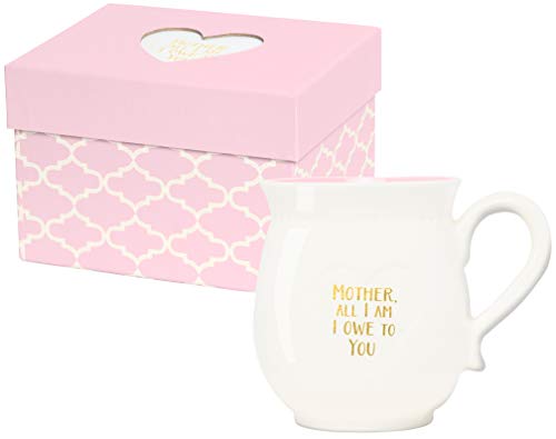 X&O Paper Goods Taza de café de porcelana blanca y rosa, con texto en inglés "Mother, All I Am I Owe To You", 473 ml