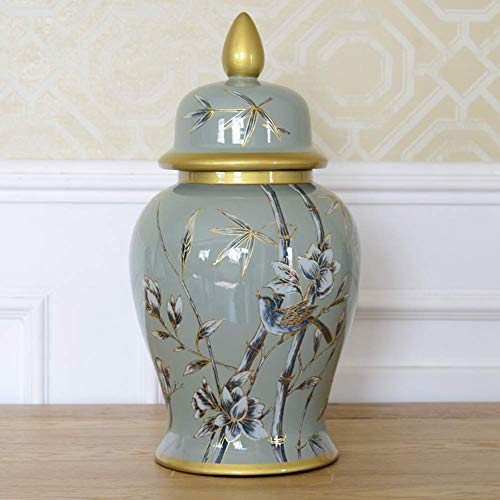 XYSQWZ Jarrones Decorativos De Cerámica Jarrón De Flores con Tapa De Acabado Light Celadon Porcelana China Ginger Jar Jarrón De Porcelana Centro De Mesa Moderno para El Hogar Jarrón Chino Al36cm