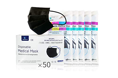 YINHONYUHE Mascarilla Quirúrgica Desechable Homologada, 50 Unidades, Color Negro,CE BFE ≥98%, EN 14683:2019+AC:2019 Type IIR