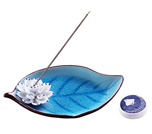 Zhou-long - Quemador de incienso de cerámica decorativo de loto para incienso con bandeja de incienso, color azul cielo+ varillas de incienso de aves marinas, color azul