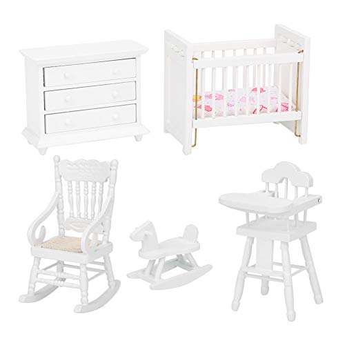 1:12 muebles de casa de muñecas en miniatura, 5 piezas de madera armario de cama de casa de muñecas caballo mecedora accesorios de muebles de casa de muñecas juego de habitación para niños(5 piezas)