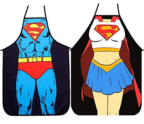 2 juegos de delantales de cocina-versión de Superman para hombres y mujeres, delantales de pareja, delantales de superman, delantales sexy novedad sexy-Superman + juego de rol de Wonder Woman