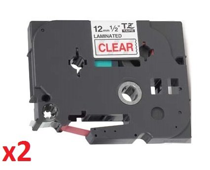 2 x Cinta de etiquetas compatible para Brother P-Touch TZ 12mm x 8m TZe-132 TZ-132 Rojo sobre Transparente