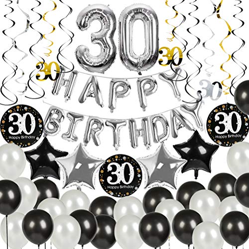 30 Cumpleaños Globos Decoraciones Plata Negro 46PCS Set, Globos para 30 Años de Feliz Cumpleaños, Globos de Papel de Aluminio - YANSHON Decoraciones para Hombres y Mujeres Adultos Decoración de Fiesta