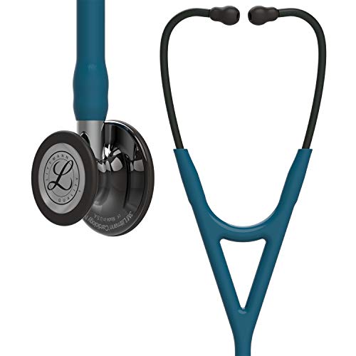 3M Littmann Cardiology IV Fonendoscopio para diagnóstico, campana de acabado de alto brillo Gris Humo, tubo Azul Caribe, vástago en espejo y auricular color Gris Humo, 69 cm, 6234
