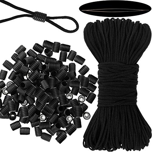 50 Yardas Bandas Elásticas Cuerda Elástica con 200 Piezas Cerraduras de Cordón Hebillas de PVC Silicona Ajustador de Cuerda 1 Piezas Aguja de Cuentas, Carrete de Elasticidad para Costura (Negro)