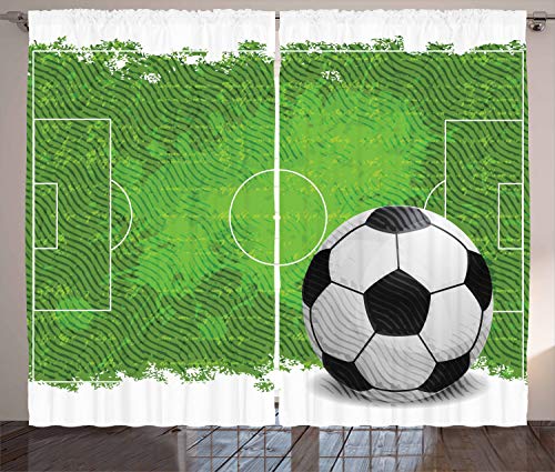 ABAKUHAUS Fútbol Cortinas, Diseño del fútbol de Grunge, Sala de Estar Dormitorio Cortinas Ventana Set de Dos Paños, 280 x 225 cm, Verde Negro Blanco
