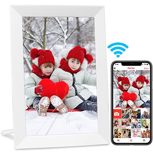 AEEZO Marco de fotos digital WiFi de 9 pulgadas, pantalla táctil HD, rotación automática, fácil configuración para compartir fotos y vídeos, marco de fotos digital montado en la pared (blanco)