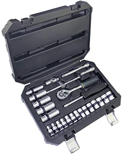 AERZETIX - Juego de 25 Piezas/Caja con Vasos 1/4'' de 6 lados - Corto 4,4.5,5,5.5,6,6.5,7,8,9,10,11,12,13,14mm - Largo 8,10,11,12,13mm - Trinquete/en ''T''/Extensión/Destornillador - /Cr-V/ - C46585 AERZETIX - Juego de 25 Piezas/Caja con Vasos 1/4'' de 6 lados - Corto 4,4.5,5,5.5,6,6.5,7,8,9,10,11,12,13,14mm - Largo 8,10,11,12,13mm - Trinquete/en ''T''/Extensión/Destornillador - /Cr-V/ - C46585