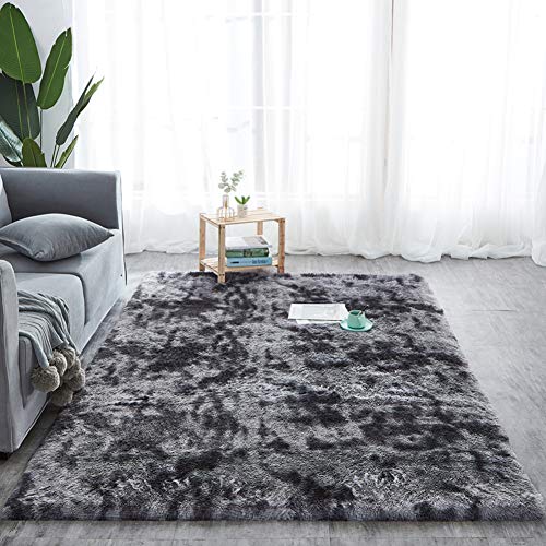 Alfombra Shaggy de Pelo Largo Suave, Lavable Antideslizante Rectángulo Alfombra de Color Degradado para Decoración de Sala de Estar y Dormitorio Tie Dye Gris Oscuro 160X230CM